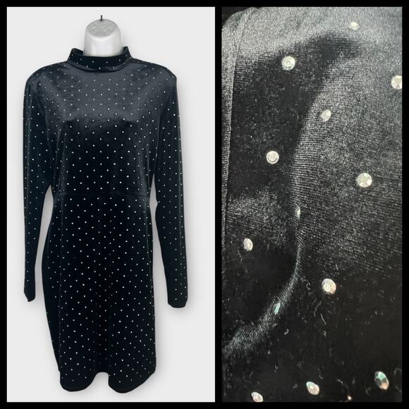 H&M Dress Womens Large Velvet Rhinestone Studded Bodycon Mini Long Sleeve Party - Picture 1 of 7